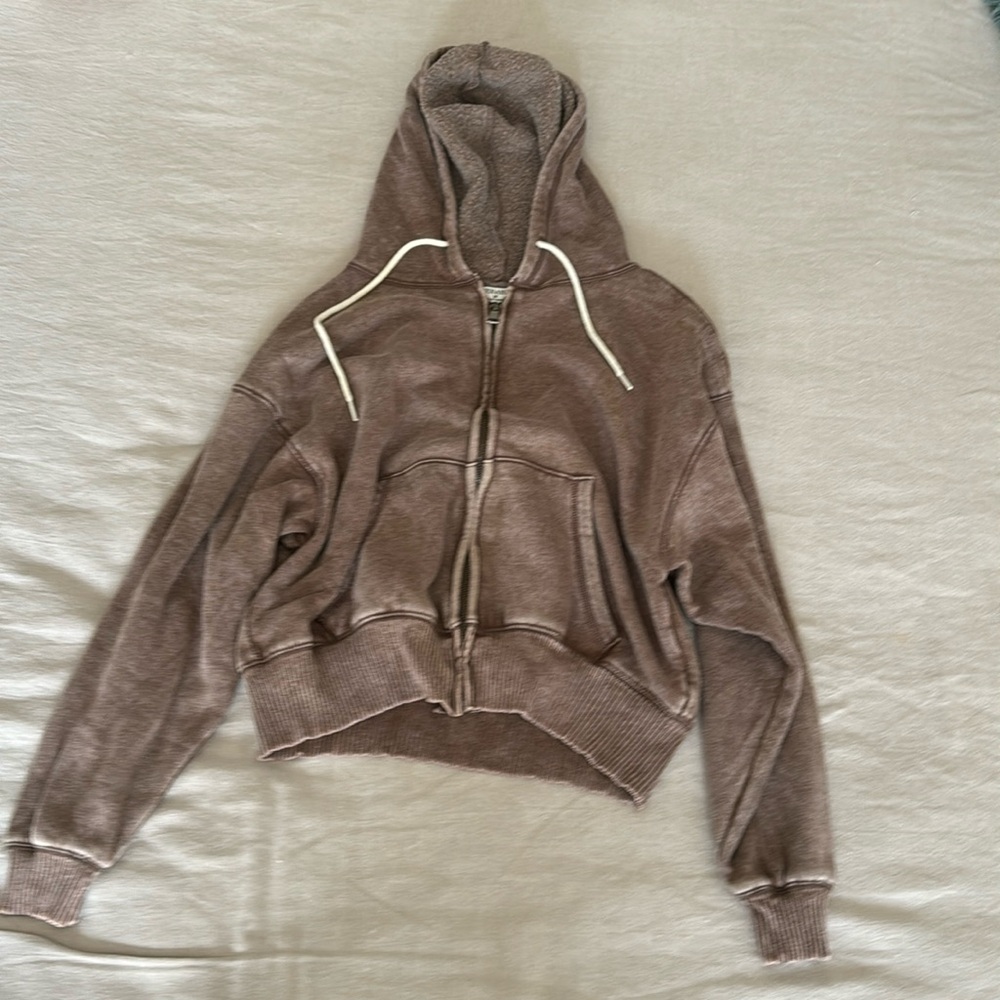 Mocha hooded cropped jacket with pockets